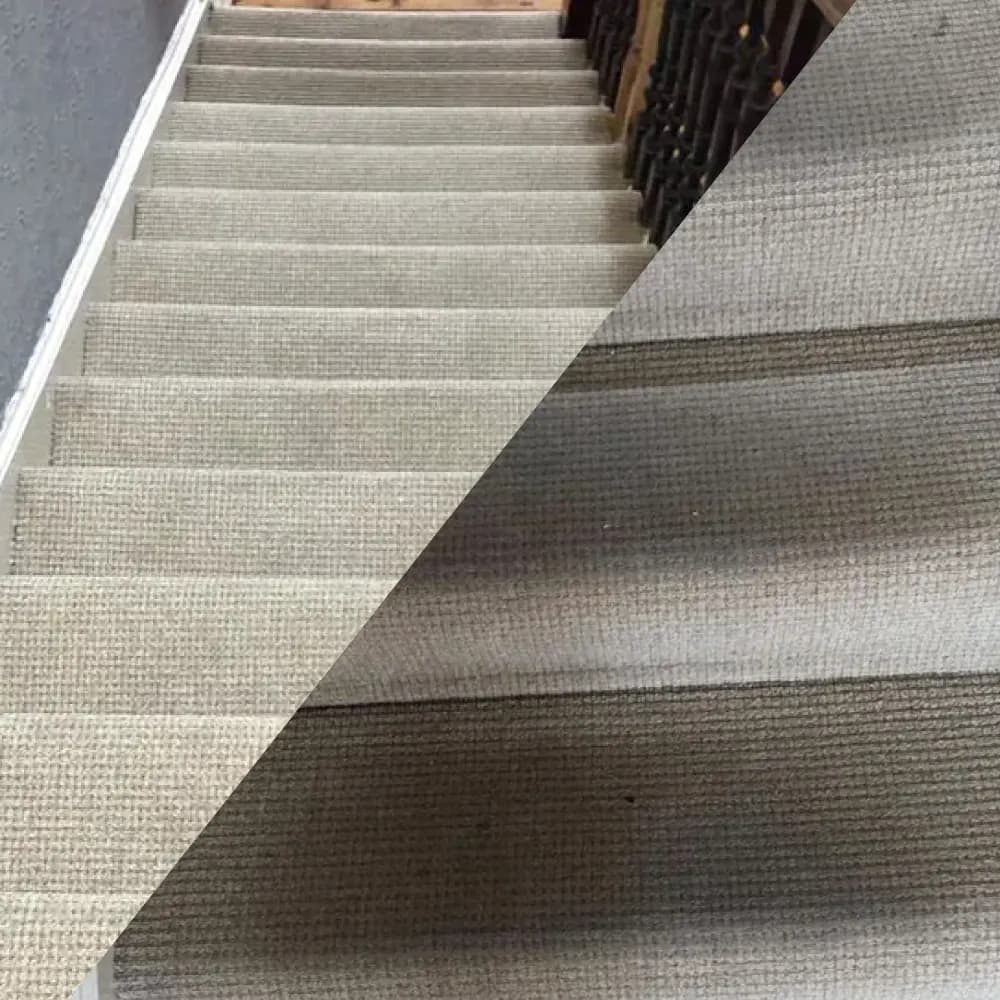 A staircase carpet with a clean section beside the original condition