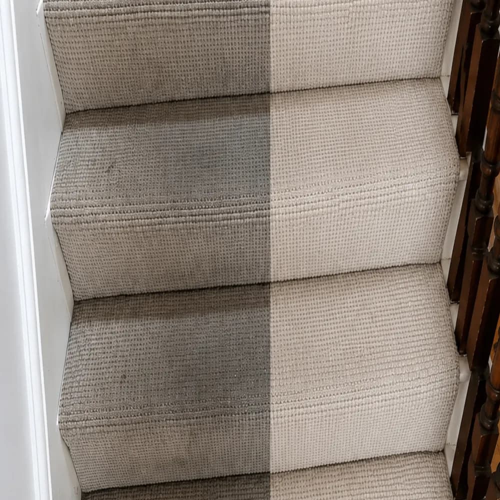 Stair carpet shown before and after professional cleaning