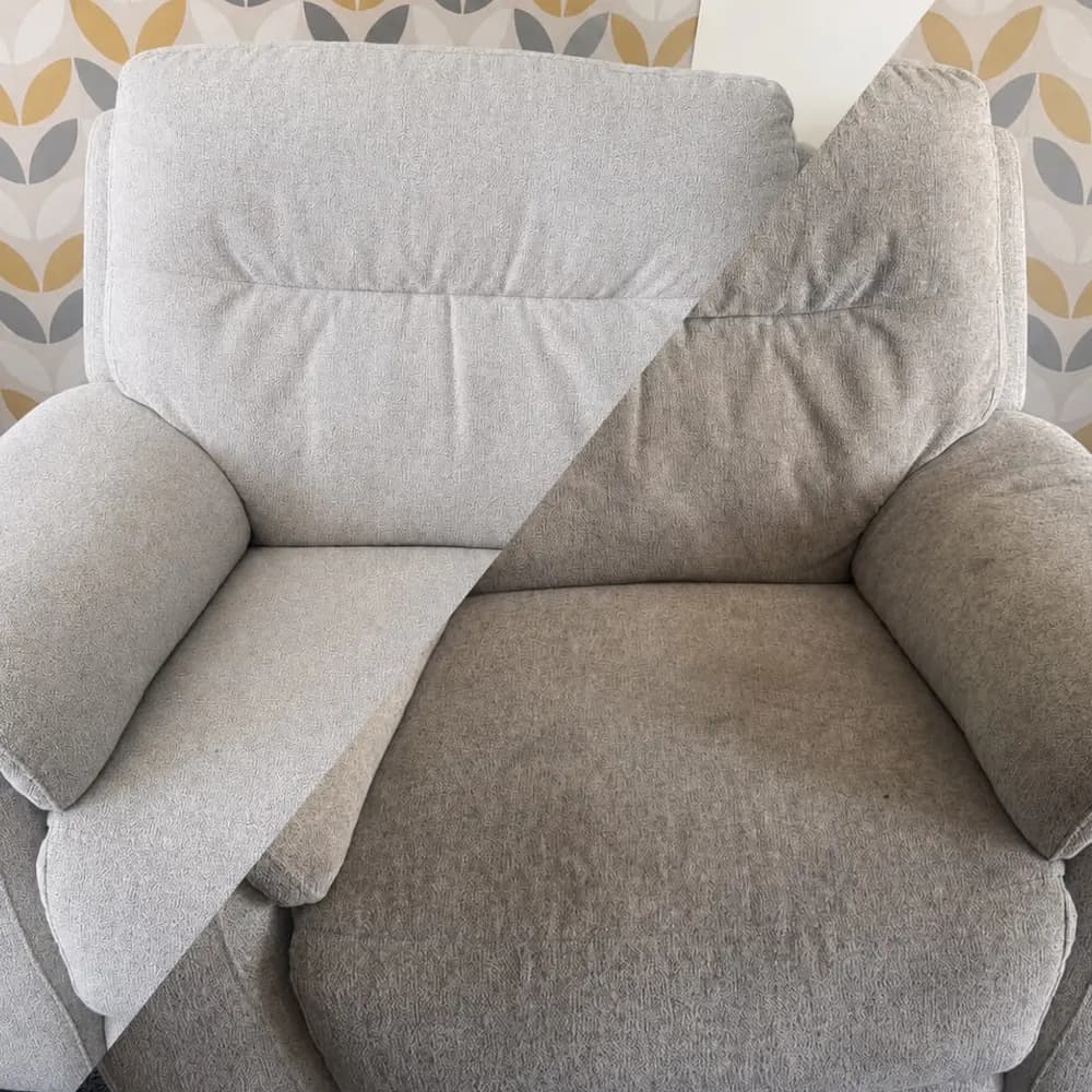An armchair shown before and after professional upholstery cleaning