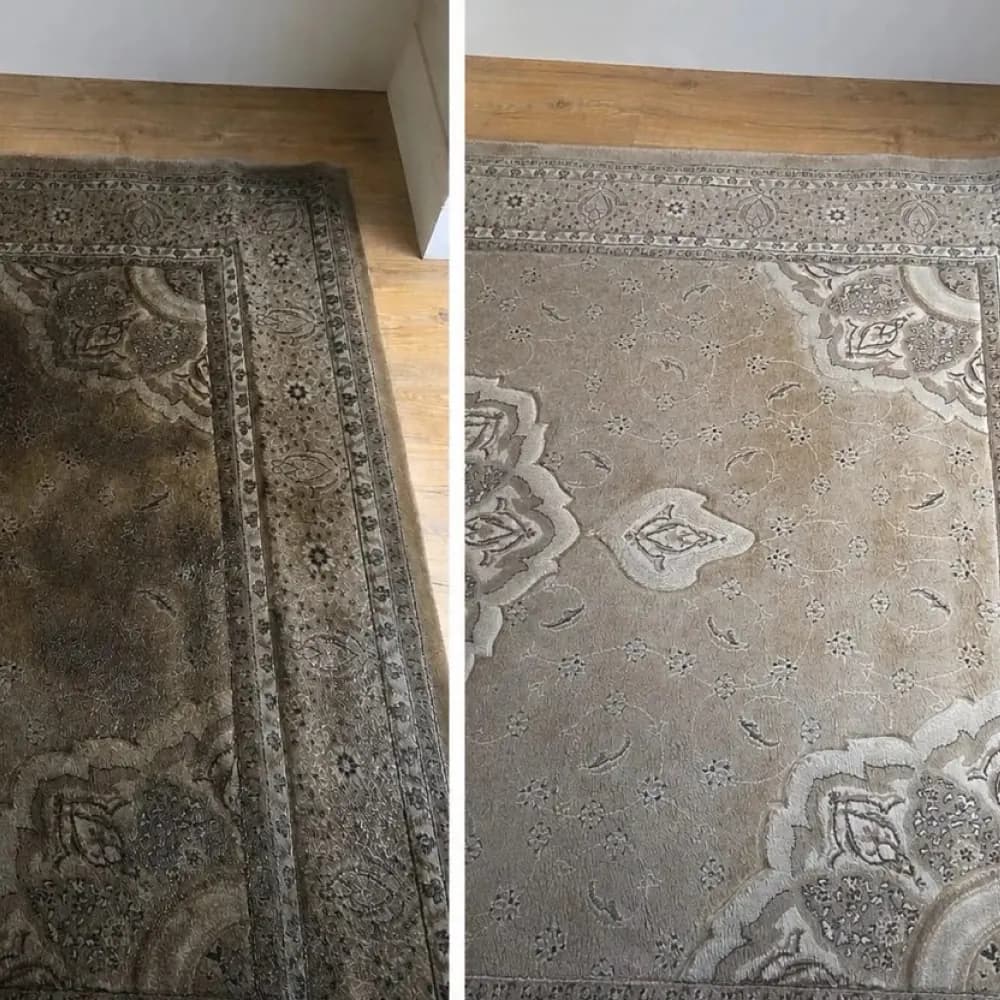 A patterned rug shown before and after professional cleaning