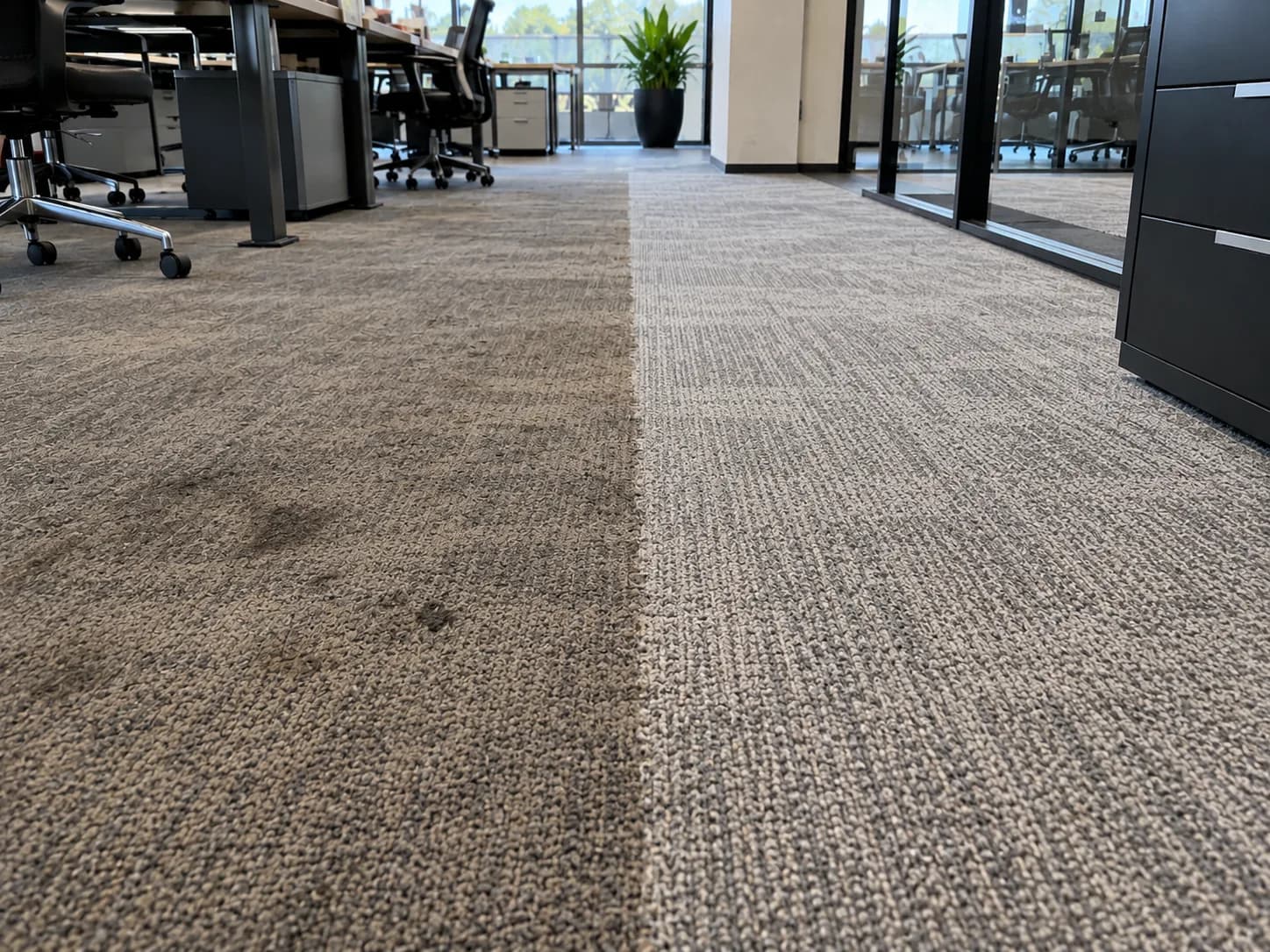 Commercial office carpet showing a cleaned section