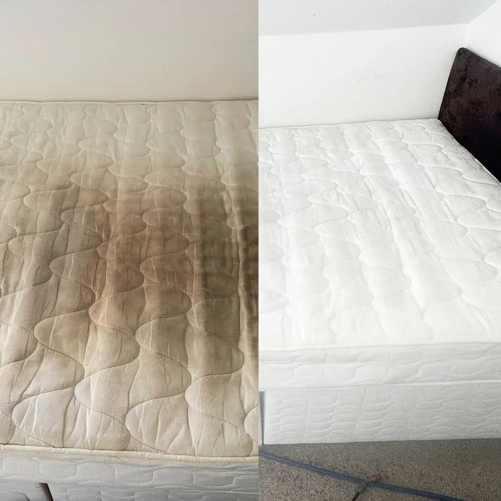 Mattress shown before and after professional cleaning